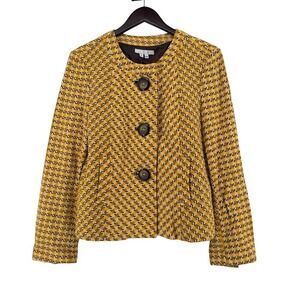 I.C.E. Mustard Yellow Geometric Cotton Tweed Blazer Jacket XL Brown White